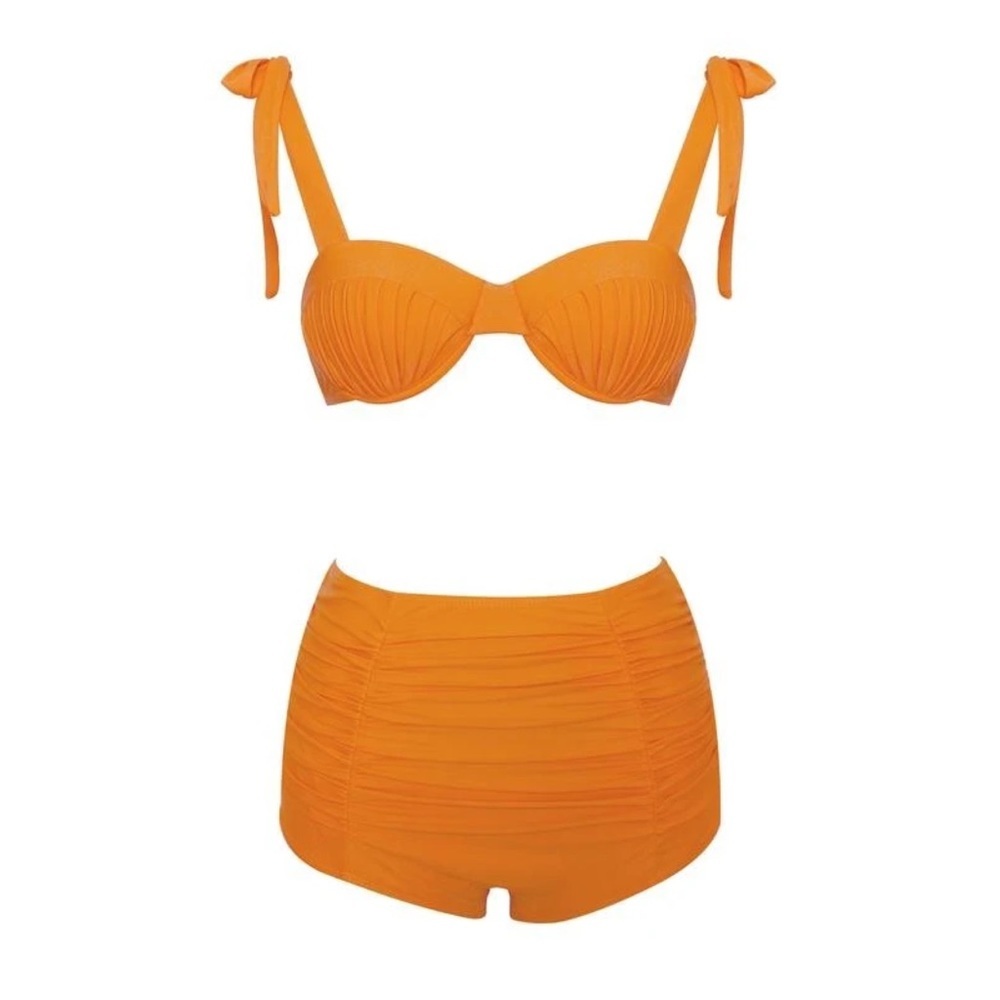 Orange Ruched High-Waist Bikini Set - Women Swim Bikinis